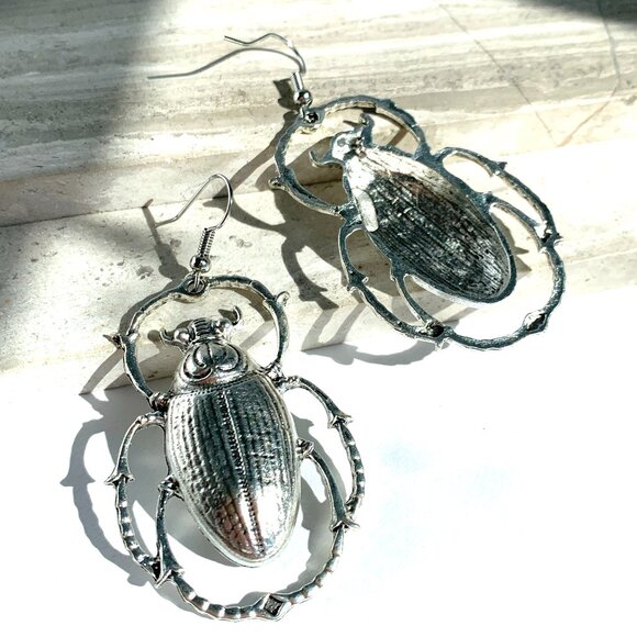 Silver Beetle Bug Drop Earrings — NWT - Picture 3 of 5